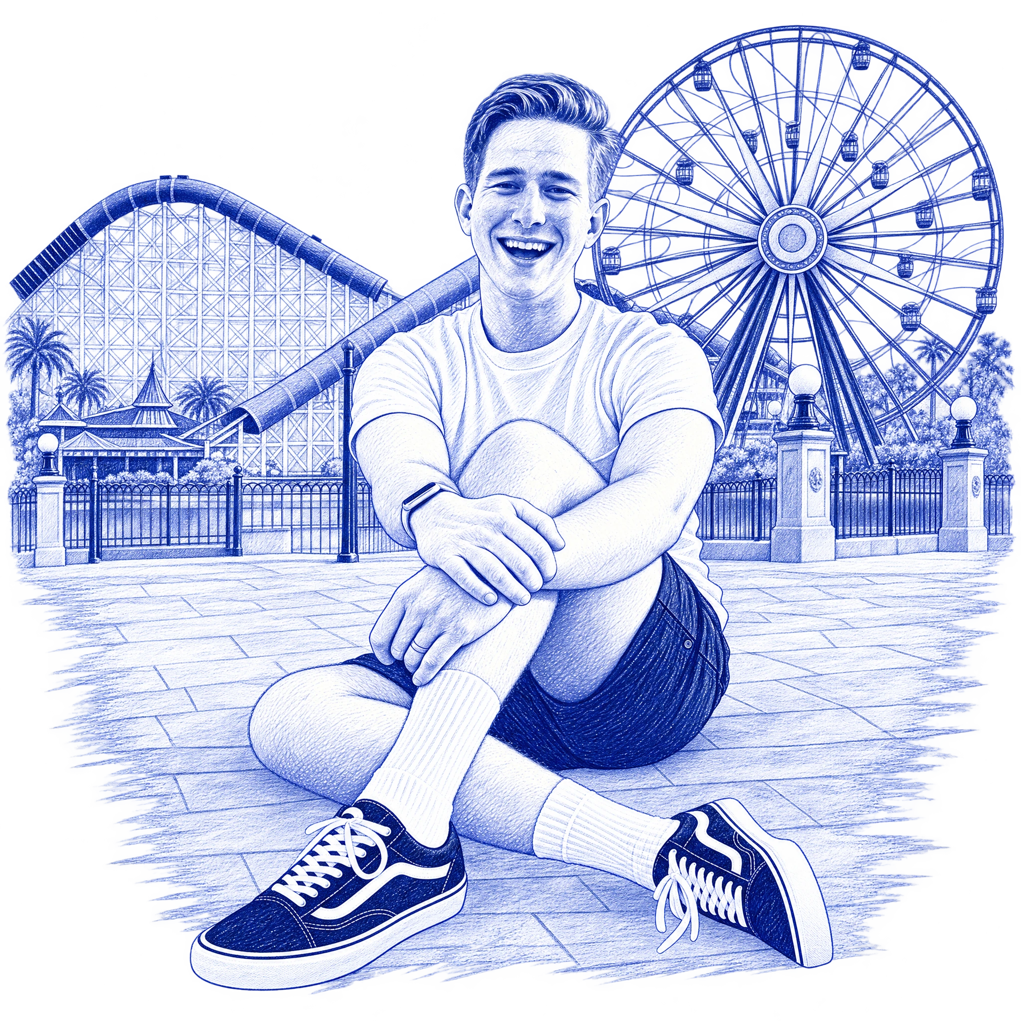 Alex Griswold seated in front of an unbranded Ferris wheel and roller coaster, drawn in blue ink.