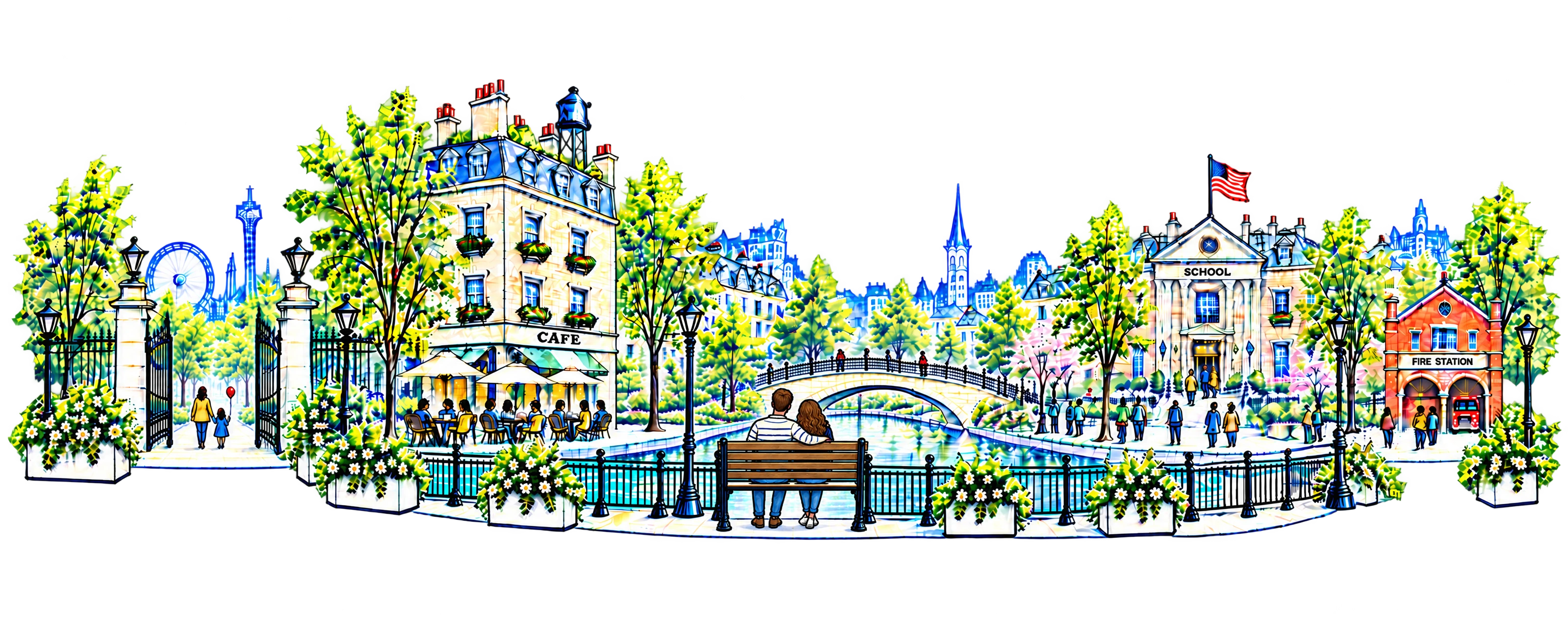Alex and Melinda sit together facing a canal in an illustrated neighborhood; a mother and daughter enter the park with a red balloon.