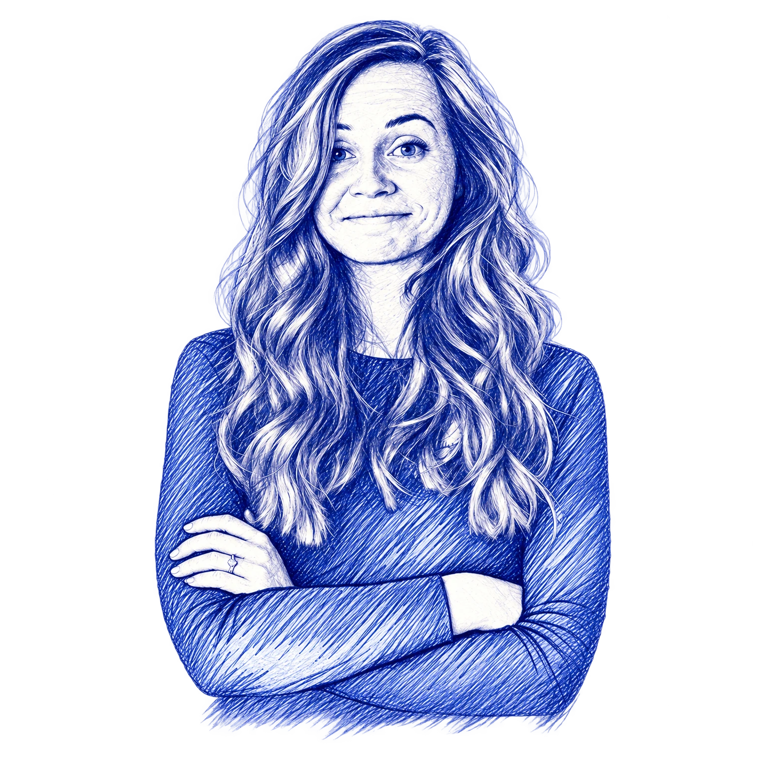 Melinda Griswold, drawn in blue ink with crossed arms and a knowing smile.