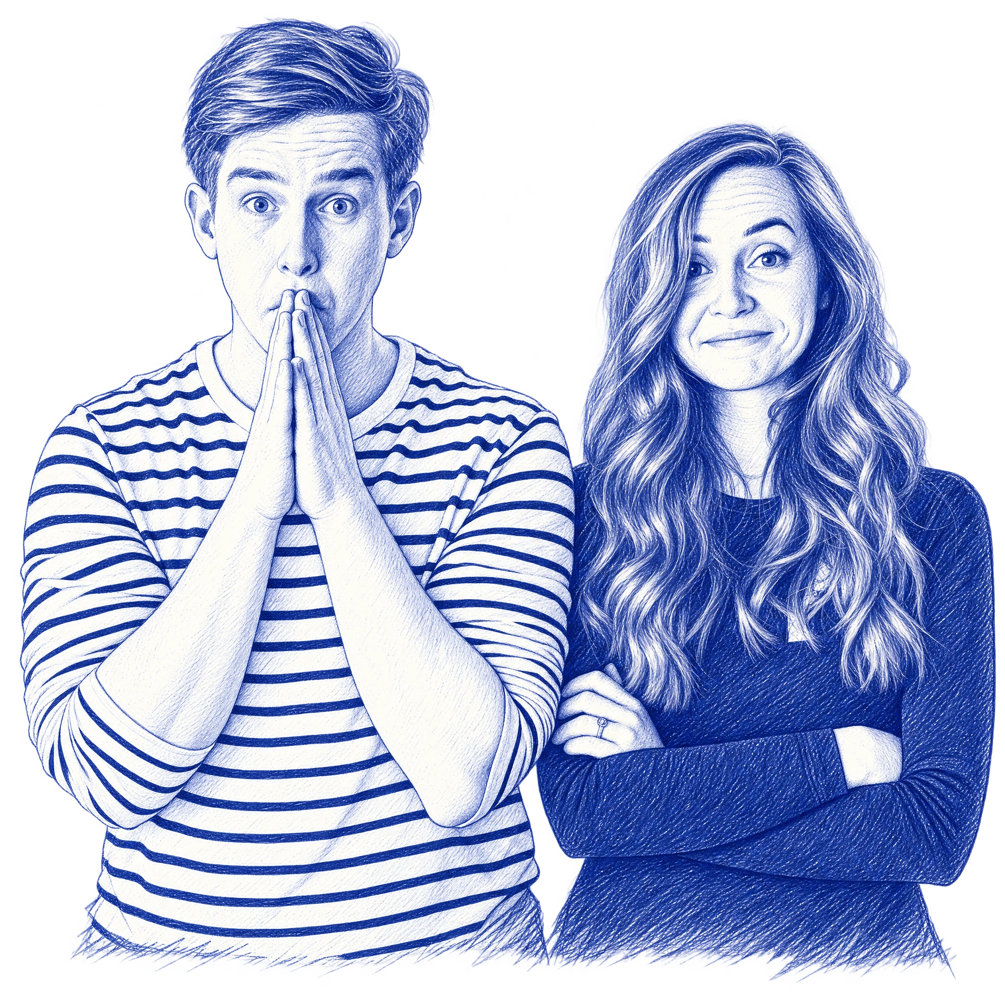 Alex with his hands together in surprise, beside Melinda with crossed arms and a knowing smile.