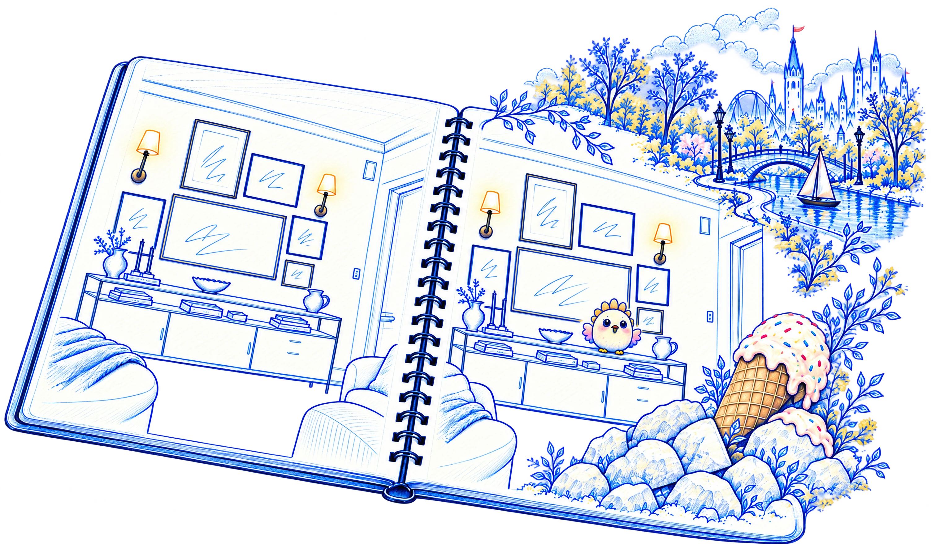 An open spiral notebook: a familiar living room becomes a world of oversized ice cream, a small bird, and a park that escapes the page.